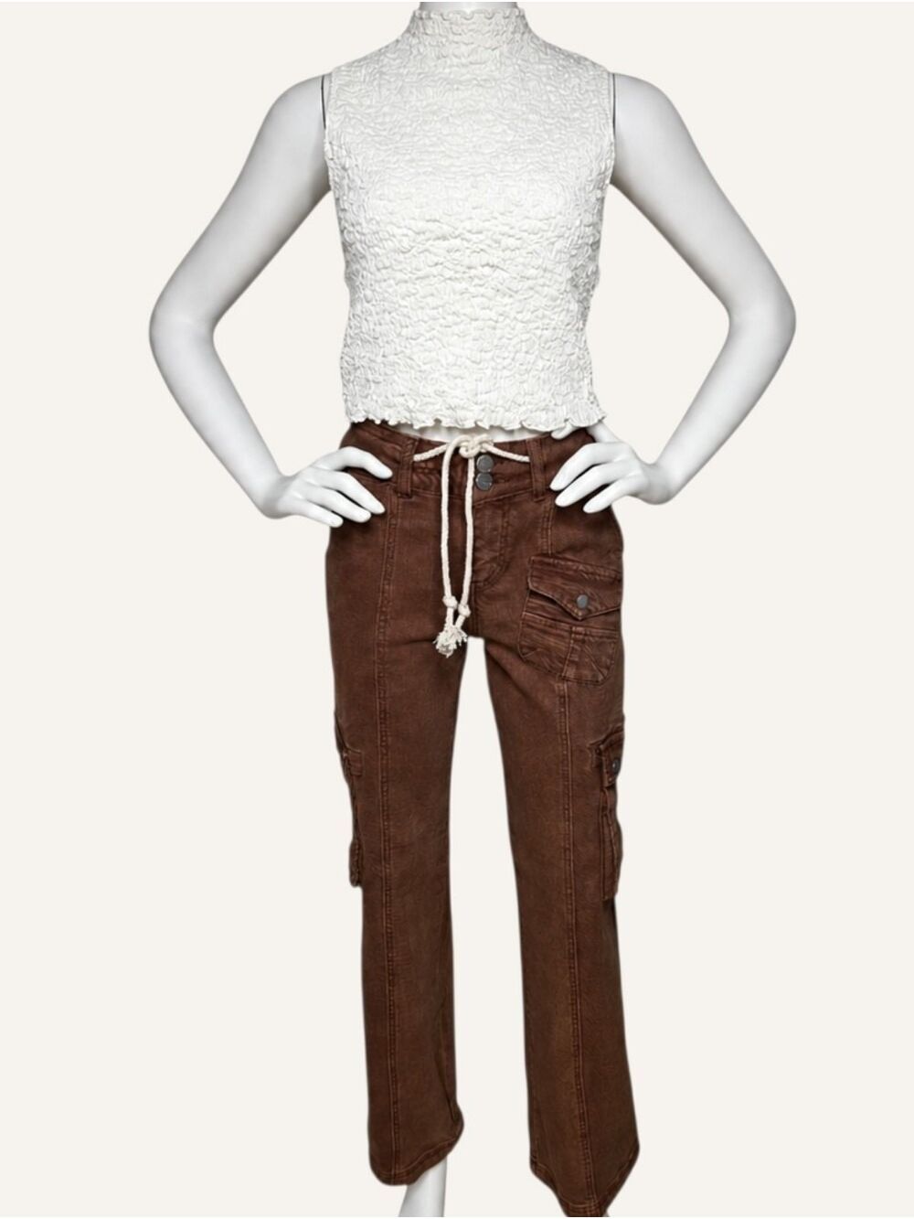 Risen Brown Cargo Jeans High Rise Straight Leg Drawstring Size 15 NWT